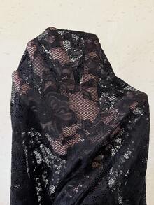 LanaWest 女士西式休闲V领荷叶边蕾丝短袖薄纱衬衫 - 黑色 - 查看 8