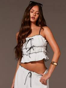 Athîral Women's Casual White Set, White Tank Top And Skirt, Black Trim Design, Bow Decor, Beach Skirt Set, Linen Two Pieces Set, Maxi Skirt Two Pieces Set, Two Pieces Set Women Dress,Summer Outfits,Summer Set,Summer Holiday Outfits,Spring Clothes,Casual Set For Women,Casual Outfit For Women,White Set,Beach Vacation Outfits For Women - White - View 1