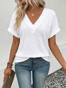 EMERY ROSE Women's Casual Solid Color V-Neck Short Sleeve T-Shirt - White - View 6
