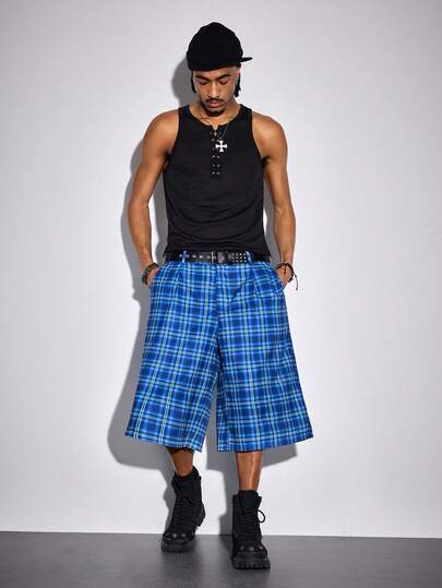 ROMWE MEN กางเกงขาสั้นเบอร์มิวดาลำลองทรงหลวมใส่สบายลายตารางสำหรับผู้ชาย