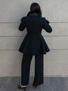 Hitanina 女士优雅喇叭形人造毛皮拼布双排扣夹克，秋冬 - 黑色 - 查看 2