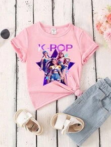 SHEIN Kpop Girl Graphic Print Round Neck Short Sleeve Casual T-Shirt - Pink - View 3