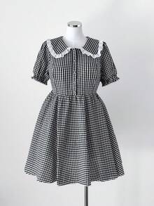 Sunspun 可爱甜美娃娃连衣裙，拼接爱心蕾丝边休闲短裙，夏季 - 黑與白 - 查看 4