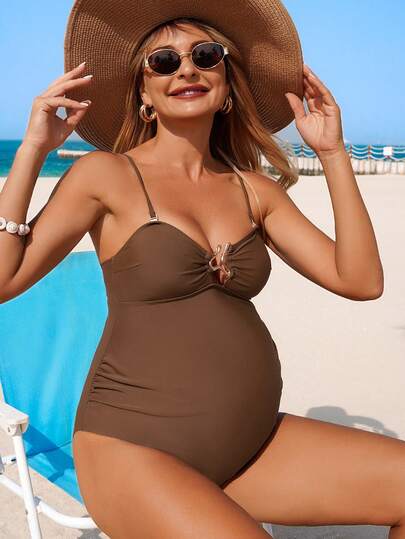 SHEIN 孕妇纯色金属装饰性感吊带连体泳衣