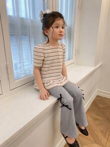 DAZY Pantalones casuales y versátiles con pernera acampanada y decoración de lazo para niñas - Gris - Ver 6