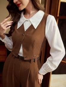 Vintamour Bộ đồ nữ cổ điển thanh lịch 2 mảnh gồm áo vest không tay cổ chữ V có cúc và đai, quần ống rộng cạp cao màu nâu, áo nữ thường ngày, quần áo mùa đông cho nữ, bộ hai mảnh cho nữ, trang phục năm mới cho nữ, trang phục Giáng sinh cho nữ, áo vest nữ, bộ 2 mảnh, áo blazer nữ công sở, trang phục Giáng sinh, bộ đồ phối hợp, áo croptop nữ, trang phục công sở nữ, quần tây nữ, quần công sở nữ, ngày lễ tình nhân, ngày Valentine - màu nâu - Xem 1