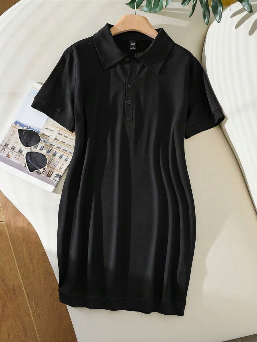 CosyJoli Plus Size Casual Black & White Contrast Color Polo Collar Bodycon Knit Dress - Black - View 1