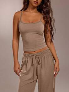 Avantive 休闲度假宽松纯色夏季吊带露背上衣和裤子套装 - 駝色 - 查看 7