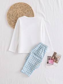 SHEIN 2pcs Girls' Cartoon Bear Print Knit Long Sleeve Top And Pants Pajama Set - White - View 2