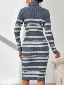 SHEIN Cottnline 女士条纹高领长袖修身休闲针织连衣裙 - 灰色 - 查看 2