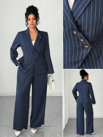 Elenzga Set completo da donna di tuta da lavoro a righe blu navy, giacca blazer aderente a righe blu navy e pantaloni a gamba ampia, 2 pezzi, taglia comoda, adatto per l'ufficio, riunioni di lavoro, seminari o pranzi di lavoro