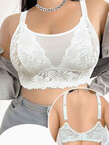 Seduluxe 1pc Plus Size Lace Wireless Comfortable Breathable Bra - White - View 4