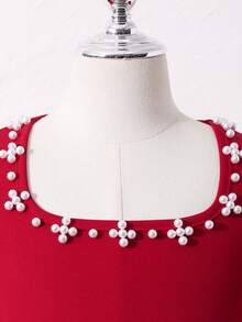 Glamorique Kids Retro Sweet Dark Red Summer Elegant Party Dress, Square Collar Pearl Decor Puff Sleeve A-Line Junior Bridesmaids Dress For Tween Girl - Burgundy - View 9