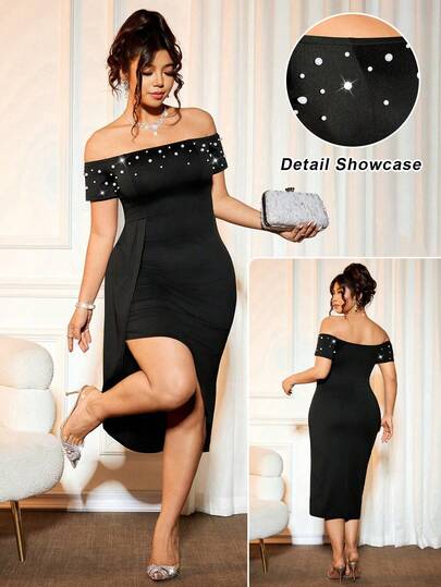 Cravure Vestido elegante de manga corta con hombros descubiertos, drapeado, bajo asimétrico y decoración de perlas para mujer de talla grande