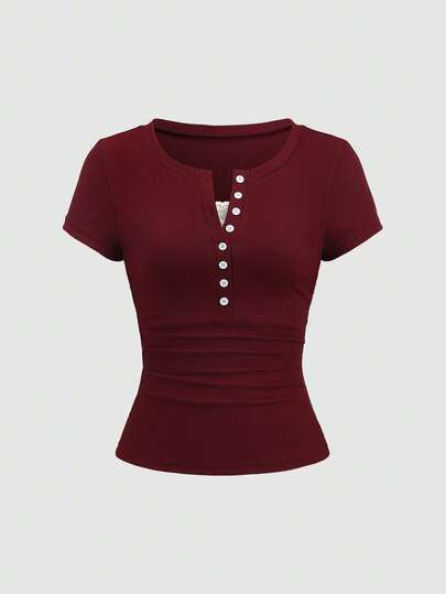 Sweetra Camiseta de mujer con parches de encaje, botones y volantes en la manga corta, para primavera/verano