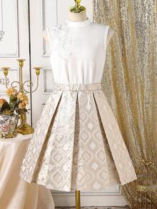 Tween Girls Elegant Ladylike Evening Banquet Solemn Mesh Collar Beaded 3D Flower Sleeveless White Top + Gold Mid-Length Skirt Vest Suit - White - View 3