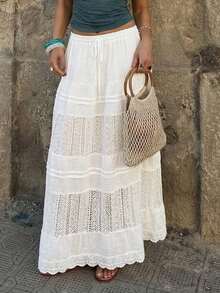 Pariaura Vacation Casual Solid Color Hollow-Out Patchwork Skirt - White - View 1