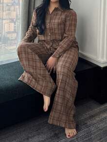 Dazy Plus 两件套格子宽松长袖上衣和长裤睡衣套装，春秋季时尚睡衣 - 棕色 - 查看 6