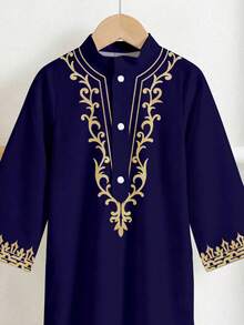 SHEIN 男婴经典阿拉伯风格长袖上衣，简约设计，饰以传统复古印花 - 彩色 - 查看 3