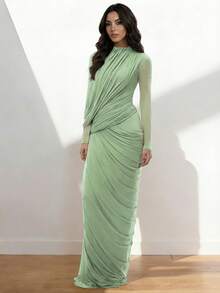 Firerie Women's Elegant Casual Party Cocktail Wedding Guest Dress, Green Mesh Stand Collar Long Sleeve Irregular Ruffle Design Fitted Dress, Spring New Ladies Dress - Green - View 6