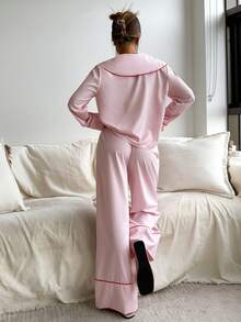 Aloruh Bộ đồ ngủ 2 món thường ngày thu/đông mới dành cho nữ, áo sơ mi hồng cổ bẻ viền tương phản, quần hồng rộng rãi, phù hợp cho Giáng sinh & Ngày lễ tình nhân - Hồng - Xem 3