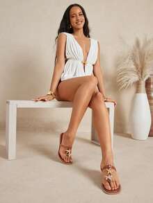 SHUZIA Women's Starfish Beach T-Strap Slip On Square Open Toe Flat Sandals - Chocolate Brown - View 3