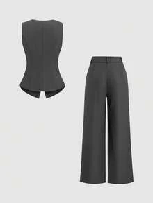 Sweetra Bộ vest đen một hàng khuy và quần ống rộng xếp ly. - Màu xám đen - Xem 2