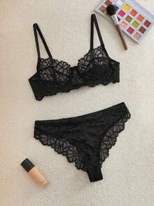 Bonmuse 2pcs/Set Women's Sexy Lingerie, Black Lace Floral Bra Set With Adjustable Straps, Sexy Bra, Valentine's Day Gift - Black - View 10