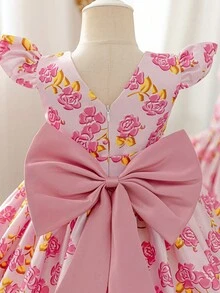 Glamorique Kids Mädchen Blumen Muster V-Rücken Satin Kleid mit 3D Schleife, elegantes aufgeblähtes Prinzessin Partykleid für Blumenmädchen, Hochzeit, Bankett - Pink - Übersicht 3