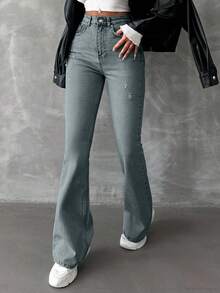 SHEIN 98%Cotton Zipper Fly Distressed Bell Bottom Jeans, Tall Women - Dusty Blue - View 3