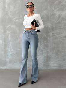 SHEIN 98%Cotton Zip Front Skinny Flare Jeans TALL - Baby Blue - View 6