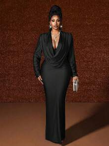 Maweii Đầm dài tay cổ xếp ly ôm sát gợi cảm dành cho nữ cỡ lớn, màu trơn, màu trơn. - màu đen - Xem 5