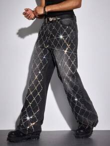 ROMWE MEN Jeans de corte holgado con bolsillos en diagonal y lavado con piedras rhinestone para hombre - Negro - Ver 7