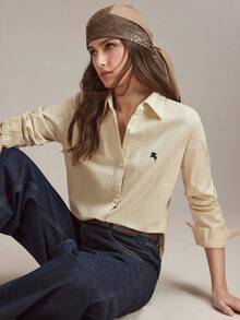 BizChic Áo sơ mi kaki mới mùa xuân/hè, cổ ve áo cài khuy phía trước, họa tiết thêu hình ngựa nhỏ phối màu tương phản, áo sơ mi nữ casual đa năng dễ phối đồ, phù hợp để mặc nhiều lớp, thích hợp cho nhiều dịp như năm 2000, công sở, đi làm, kinh doanh, các sự kiện xã hội. - Màu be - Xem 7