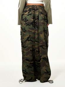 SUMWON WOMEN Low Rise Camouflage Cargo Pants With Pearl Rhinestone Embellishments Wide Leg Parachute Trousers Drawstring Waistband Military Inspired Baggy Pants - Army Green - View 2