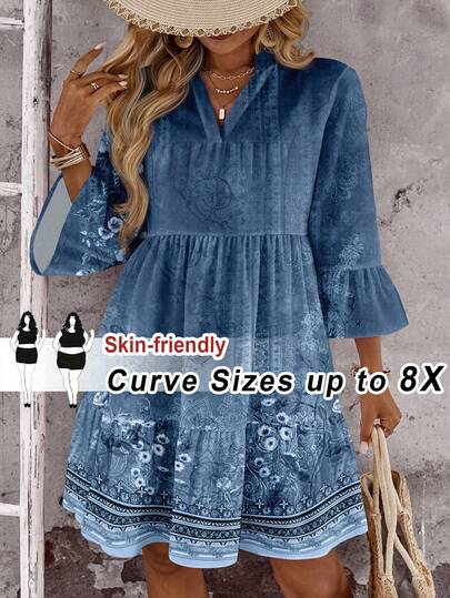 SHEIN CURVE+ 大码深V领印花短款休闲连衣裙，适合度假波西米亚风度假