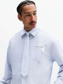 SUMWON Crop Fit Long Sleeve Button Down Shirt With Detachable Tonal Tie Business Professional Collared Office Formal Casual Spring Summer - Blue - View 4