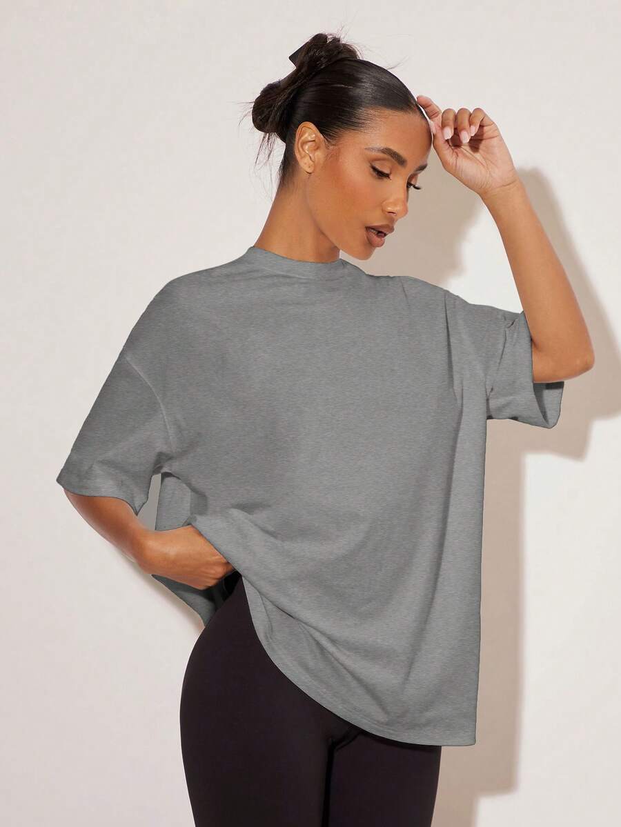 SHEIN BASICS 女款素色寬鬆落肩短袖休閒舒適T恤夏季上衣