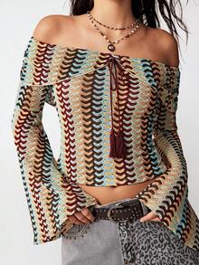 Bohemela 休闲针织彩色条纹露肩喇叭长袖修身女式上衣派对上衣优雅女式衬衫春夏度假女装夏季上衣黑色上衣 - 彩色 - 查看 4