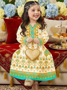 SHEIN 可爱几何碎花女婴休闲简约连衣裙，祈祷长袍，舒适易穿，休闲装，度假风，端庄长袍，阿拉伯长袍，伊斯兰礼物，可爱穆斯林女孩阿拉伯长袍，舒适易穿，度假风，春夏装，舒适易穿，春日气息，适合婴幼儿和女童的春夏连衣裙，时尚女婴，休闲装，春夏服装，新款，春夏时尚，夏季连衣裙 - 彩色 - 查看 3