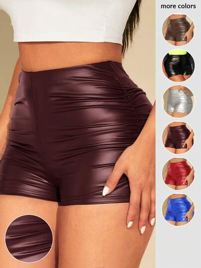 SHEIN SXY Women's Solid Color Fitted Mid-Waist Ruched Design Shorts High Waisted Shorts Women Sexy Shorts For Women Stretchy Shorts For Women
