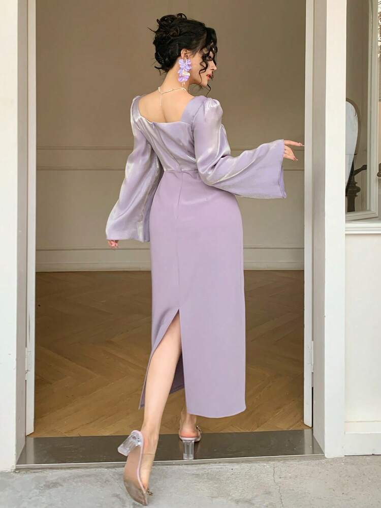 Women's Elegant Solid Color Square Neck Ruffle Flare Sleeve Dress, Spring/Summer Wedding Guest Dress Maxi Dress Sundress