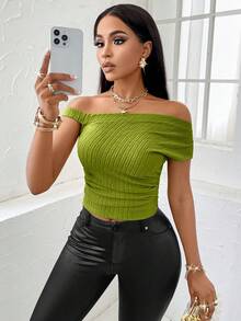 SOLERSUN Women's Solid Color Ruched Slim Fit Casual Shoulder Strap Top - Green - View 7