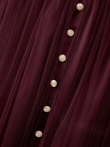 GlowEve CURVE 大码女式优雅网纱拼接纽扣装饰休闲通勤半身裙，秋季女装，俱乐部派对优雅长裙 - 酒紅色 - 查看 3