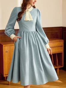 Vintamour 复古经典优雅女士连衣裙，秋冬季，修身撞色系带领连衣裙，蕾丝拼接连衣裙，荷叶边连衣裙，浅蓝色长袖连衣裙 - 淺藍色 - 查看 6