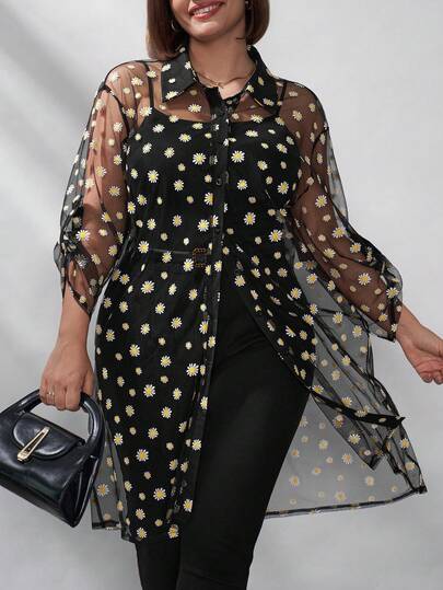 Chikora 大码女式夏季时尚薄纱碎花纽扣衬衫