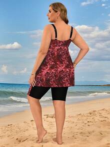 Swim Lushoire 2026年新款加大码女式扎染印花吊带泳衣套装，沙滩度假加大码吊带泳衣套装，女式加大码服装，度假加大码泳装，加大码束腰上衣，加大码度假连衣裙 - 酒紅色 - 查看 2