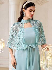 Modelyn 女士优雅派对亮片网纱披肩阿拉伯风格连衣裙 - 薄荷綠 - 查看 1