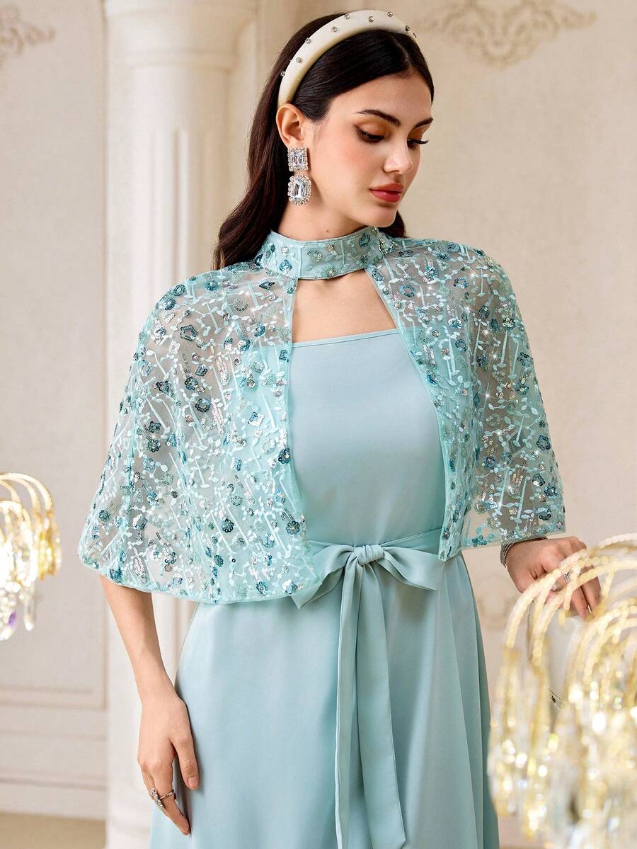 Modelyn 女士优雅派对亮片网纱披肩阿拉伯风格连衣裙 - 薄荷綠 - 查看 1