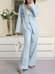 Modelyn Blazer elegante de mujer con un solo botón y diseño floral 3D para uso diario - Azul - Ver 2